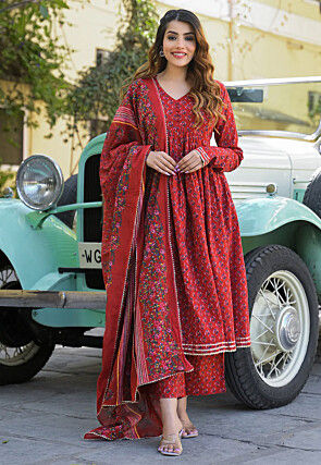 Digital Printed Cotton Pakistani Suit in Red