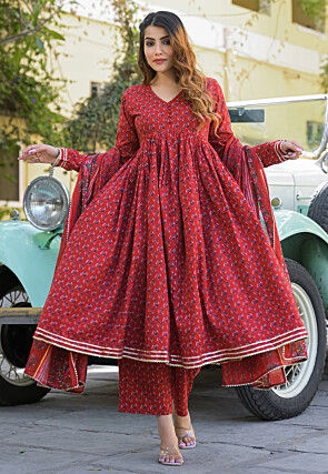 Digital Printed Cotton Pakistani Suit in Red