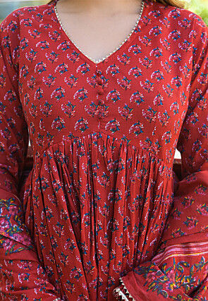 Digital Printed Cotton Pakistani Suit in Red