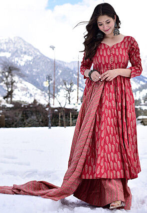 Digital Printed Cotton Pakistani Suit in Red