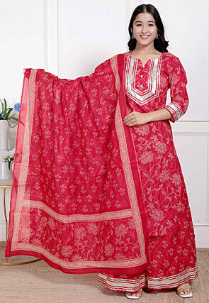 Digital Printed Cotton Pakistani Suit in Red