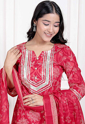 Digital Printed Cotton Pakistani Suit in Red