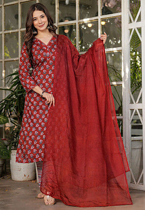 Digital Printed Cotton Pakistani Suit in Red