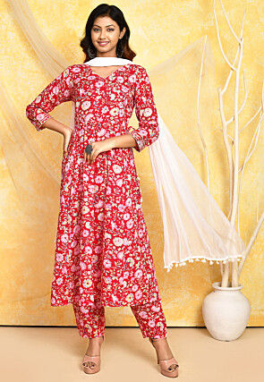 Digital Printed Cotton Pakistani Suit in Red