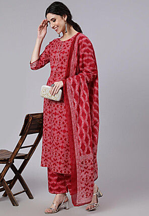 Digital Printed Cotton Pakistani Suit in Red