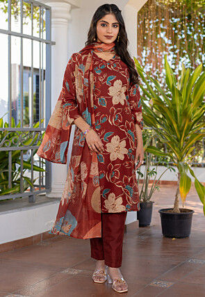 Digital Printed Cotton Pakistani Suit in Rust