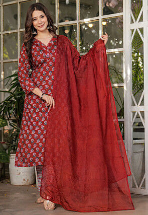 Digital Printed Cotton Pakistani Suit in Rust