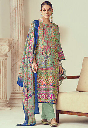 Digital Printed Cotton Pakistani Suit in Sea Green