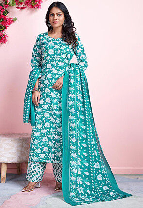 Digital Printed Cotton Pakistani Suit in Sea Green