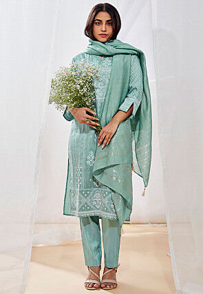 Digital Printed Cotton Pakistani Suit in Sea Green