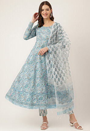 Digital Printed Cotton Pakistani Suit in Sky Blue