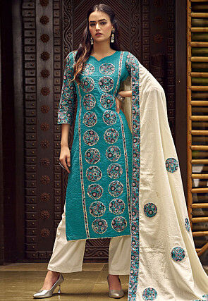 Digital Printed Cotton Pakistani Suit in Teal Blue
