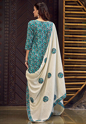 Digital Printed Cotton Pakistani Suit in Teal Blue