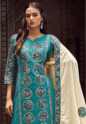 Digital Printed Cotton Pakistani Suit in Teal Blue