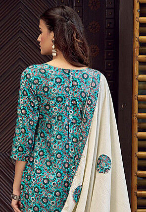 Digital Printed Cotton Pakistani Suit in Teal Blue