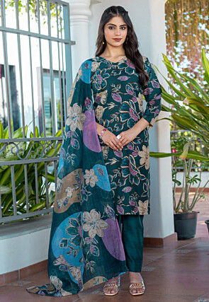 Digital Printed Cotton Pakistani Suit in Teal Green