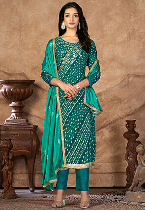 Digital Printed Cotton Pakistani Suit in Teal Green