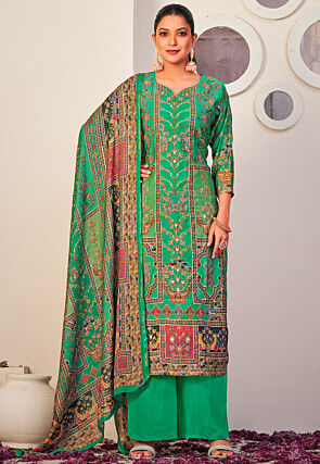 Digital Printed Cotton Pakistani Suit in Teal Green