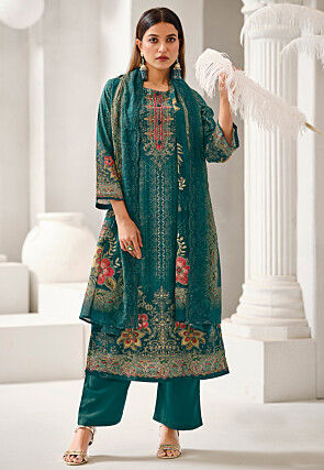 Digital Printed Cotton Pakistani Suit in Teal Green
