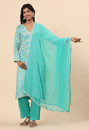 Digital Printed Cotton Pakistani Suit in White and Blue