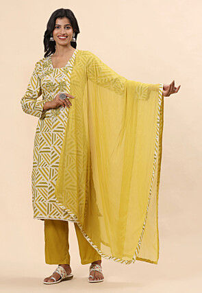 Digital Printed Cotton Pakistani Suit in White and Green