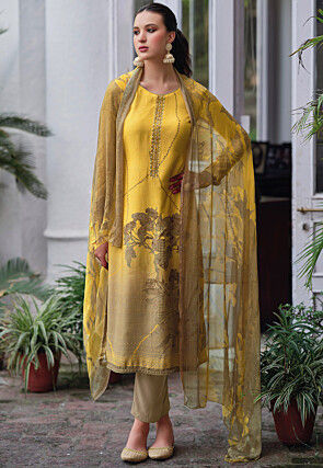 Digital Printed Cotton Pakistani Suit in Yellow and Beige