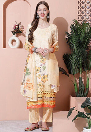 Digital Printed Cotton Pakistani Suit in Yellow