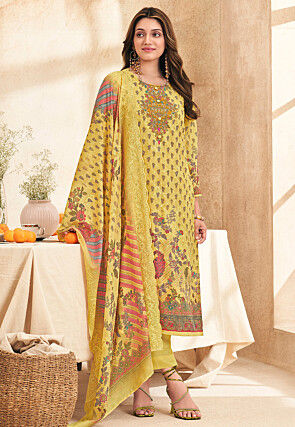 Digital Printed Cotton Pakistani Suit in Yellow
