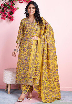 Digital Printed Cotton Pakistani Suit in Yellow
