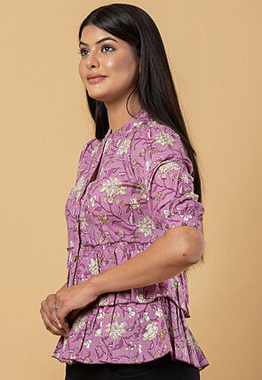 Digital Printed Cotton Peplum Top in Purple