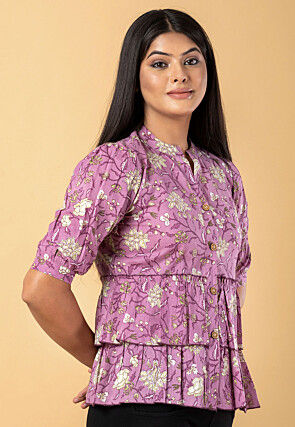 Digital Printed Cotton Peplum Top in Purple
