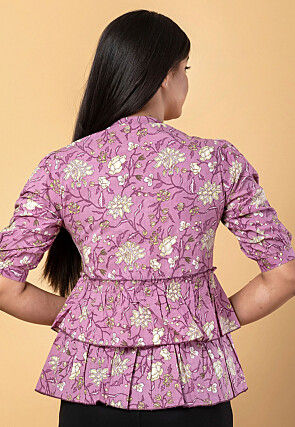 Digital Printed Cotton Peplum Top in Purple