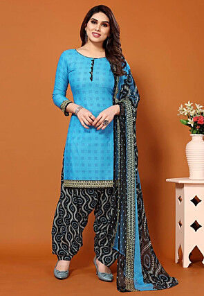 Digital Printed Cotton Punjabi Suit in Blue