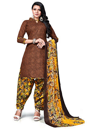 Digital Printed Cotton Punjabi Suit in Brown