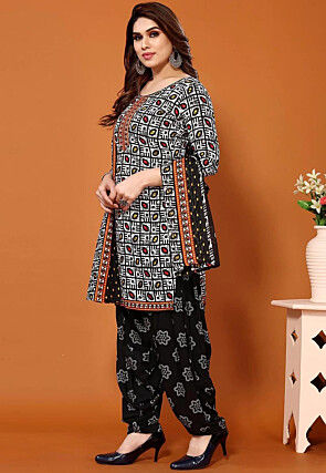 Digital Printed Cotton Punjabi Suit in Off White and Black