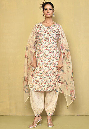 Digital Printed Cotton Punjabi Suit in Off White
