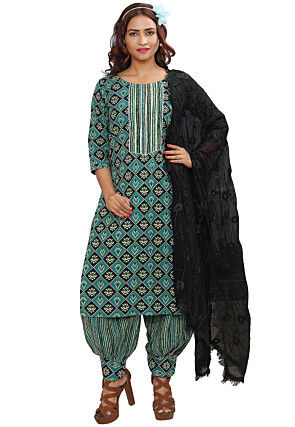 Digital Printed Cotton Punjabi Suit in Teal Blue