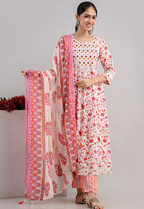 Digital Printed Cotton Rayon Anarkali Suit in Off White