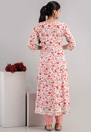 Digital Printed Cotton Rayon Anarkali Suit in Off White