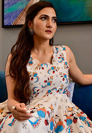 Digital Printed Cotton Rayon Gown in Off White