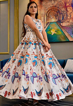 Digital Printed Cotton Rayon Gown in Off White