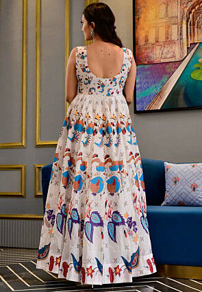 Digital Printed Cotton Rayon Gown in Off White