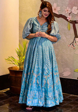 Digital Printed Cotton Rayon Gown in Sky Blue