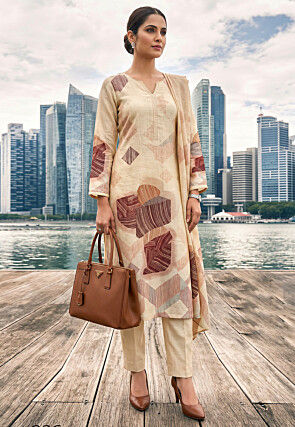 Digital Printed Cotton Rayon Pakistani Suit in Beige