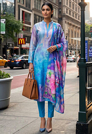 Digital Printed Cotton Rayon Pakistani Suit in Blue
