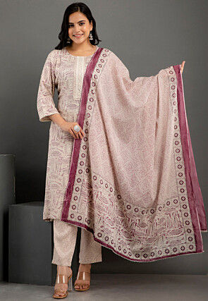 Digital Printed Cotton Rayon Pakistani Suit in Light Beige