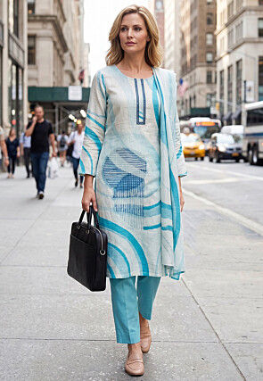 Digital Printed Cotton Rayon Pakistani Suit in Light Blue
