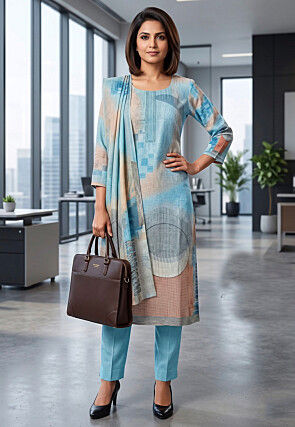 Digital Printed Cotton Rayon Pakistani Suit in Light Blue