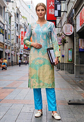 Digital Printed Cotton Rayon Pakistani Suit in Light Blue