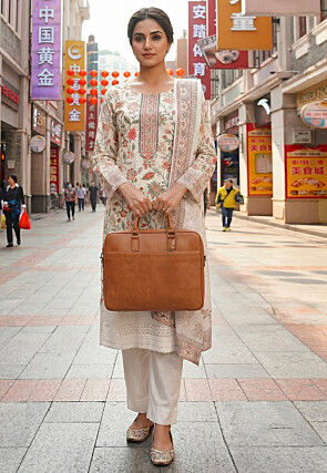 Digital Printed Cotton Rayon Pakistani Suit in Off White